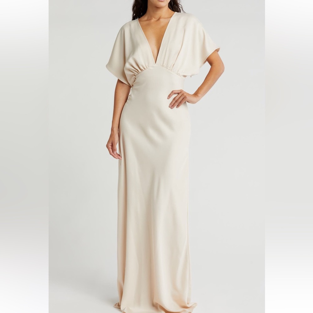 BY DESIGN Paige dolman sleeve satin dress Elegant Cream V-Neck Maxi Dress NWT